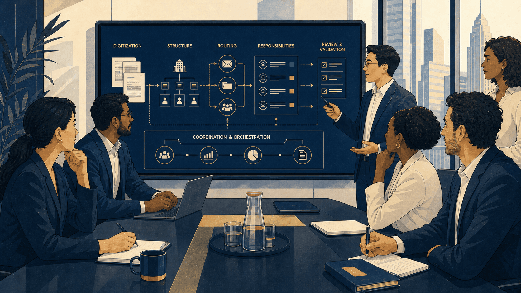 Plusieurs responsables examinent un tableau numerique de structure, routage et validation.